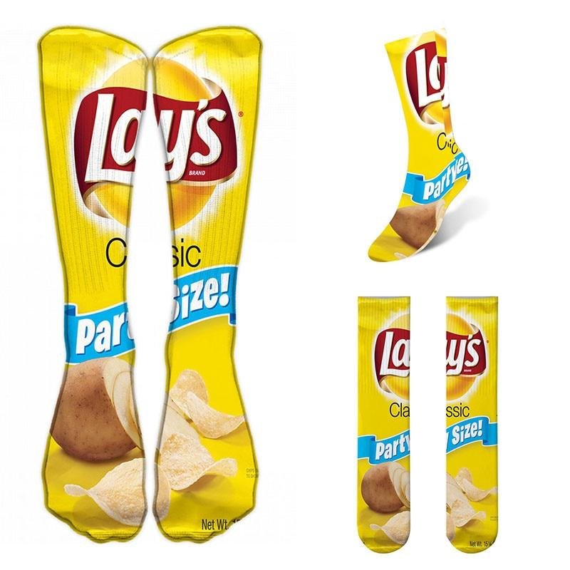 New Unisex Womens Funny Socks Creative Potato Chips Printing Fashion Knee Socks Women Novelty Casual Cotton Socks Femme Meias